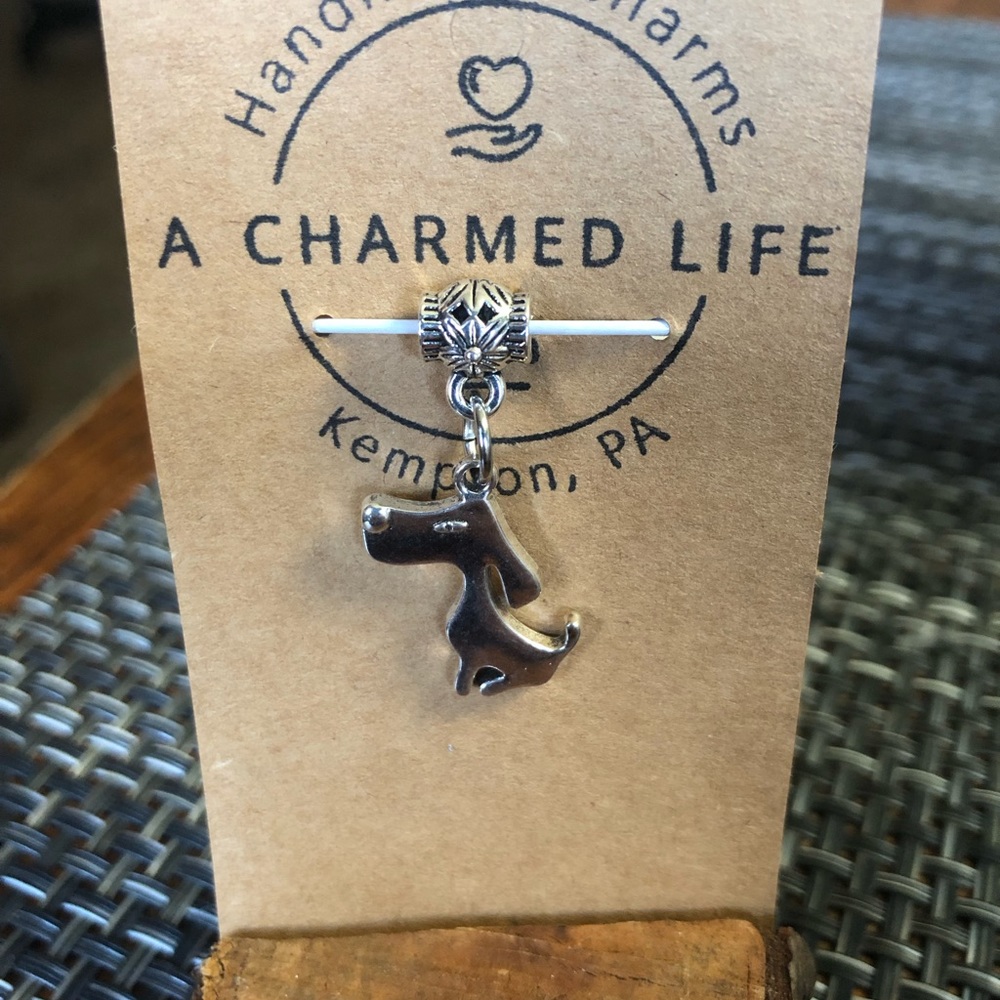NWT, Handmade by A Charmed Life. Silver Dog on a Bail